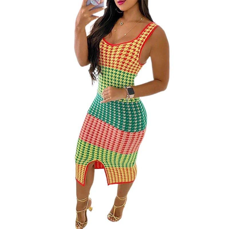 

Women Elegant Sexy Slim Fit Midi Dress Houndstooth Print Sleeveless Bodycon Dress