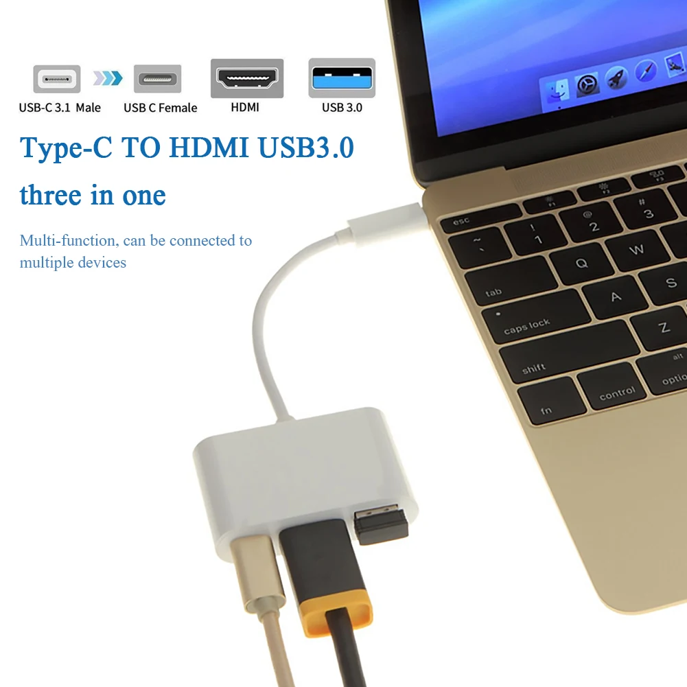 

3 in 1 USB C Hub PD USB 3.0 Female Multiport USB 3.1 Type C Male to HDMI-compatible Adapter for Office Caring Computer Supplies