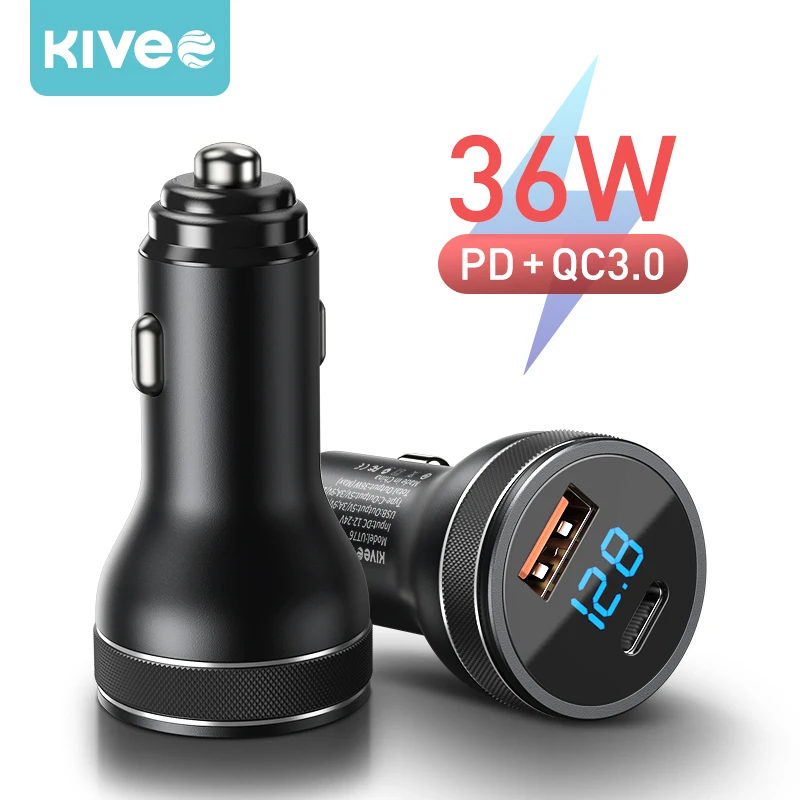 

KIVEE Dual USB Car Charger Type C Quick Charge PD QC3.0 Mini Fast Charging 36W LED Voltmeter Phone Adapter For iPhone Xiaomi Etc