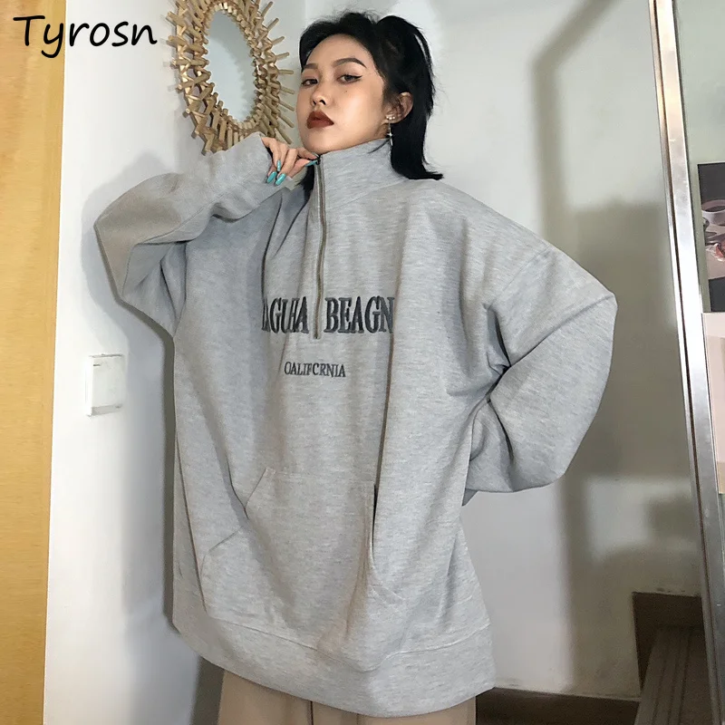 

Hoodies Women Streetwear Retro Design Embroidery Letter Sweatshirts Baggy Stylish Korean Style Zipper Stand Collar Outwear Teens