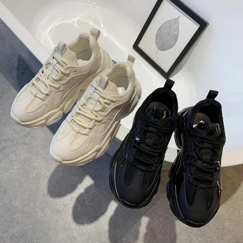

Women's Lace-Up Sneakers Black Chunky Platform White Casual Leather Breathable Plush All-match Winter Ladies Sports Shoes