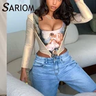 Женский корсет с длинным рукавом, футболка с квадратным воротником и принтом ангела, одежда для ночного клуба, осень 2020