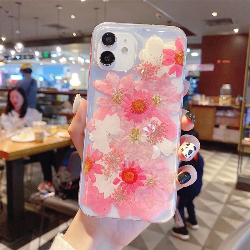 Qianliyao Real Dried Flower Cases For iPhone X XS Max XR 7 8 Plus 14 13 12 11 Pro Max SE 2 Case Handmade Soft Fresh Flower Cover