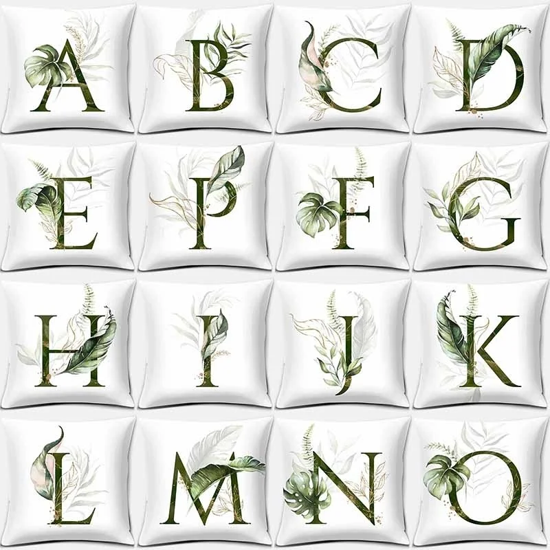 

Fresh Green Plant English Alphabet Printing Square Peach Skin Pillowcase Home Decoration Car Sofa Cushion Cover(45cm * 45cm)