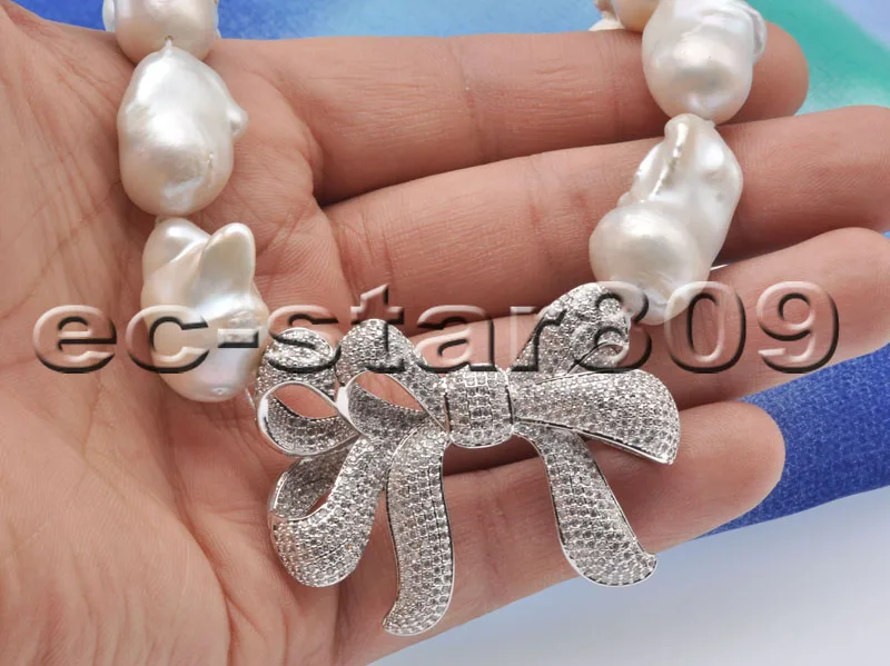 

P6822 Big 19" 28mm White Baroque Keshi Pearl Choker Necklace Bowknot CZ