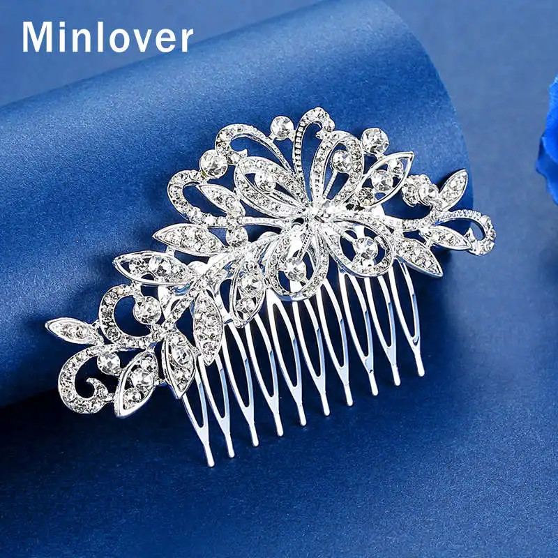 Minlover стразы серебряного цвета бабочка свадебные расчески для волос женщин лист