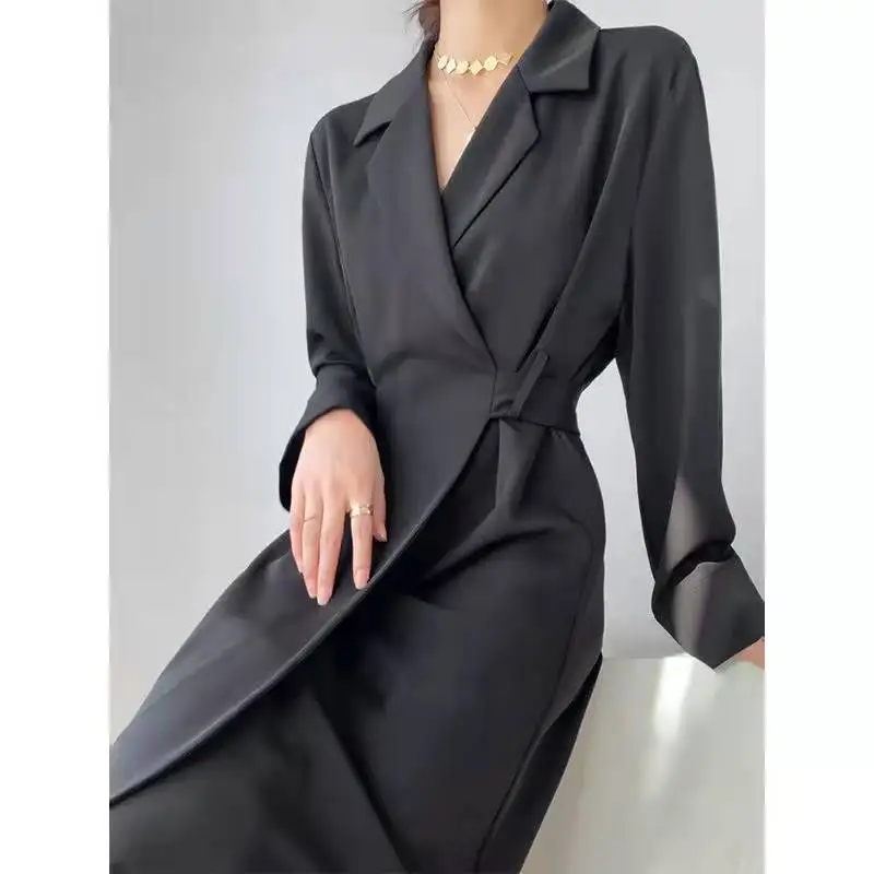 

Office Bandage Maxi Dresses for Women Streetweear Black Long Blazer Dress with Belt Korean Fashion Style Long Sleeve Dress