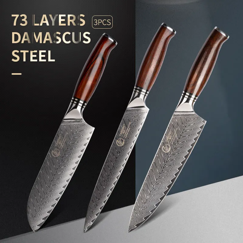 

YARENH 3PCS Kitchen Knife Sets - Professional Damascus Steel Knife Set - Dalbergia Wood Handle - Chef Santoku Utility Knives