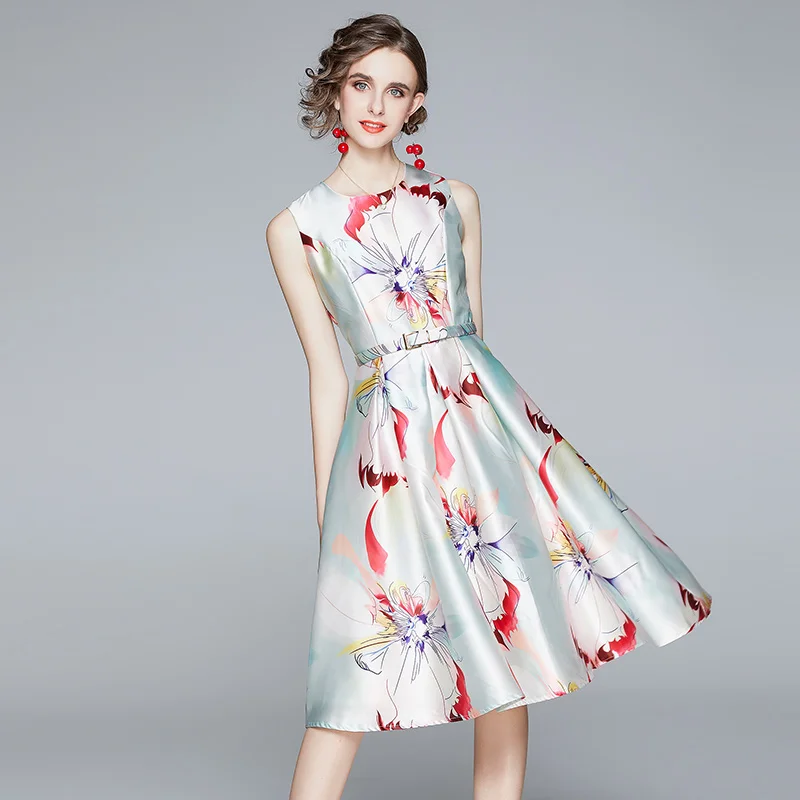 

JSXDHK новейшее женское платье с цветочным принтом 2020 модельное Летнее бальное платье без рукавов с круглым вырезом платья с поясом