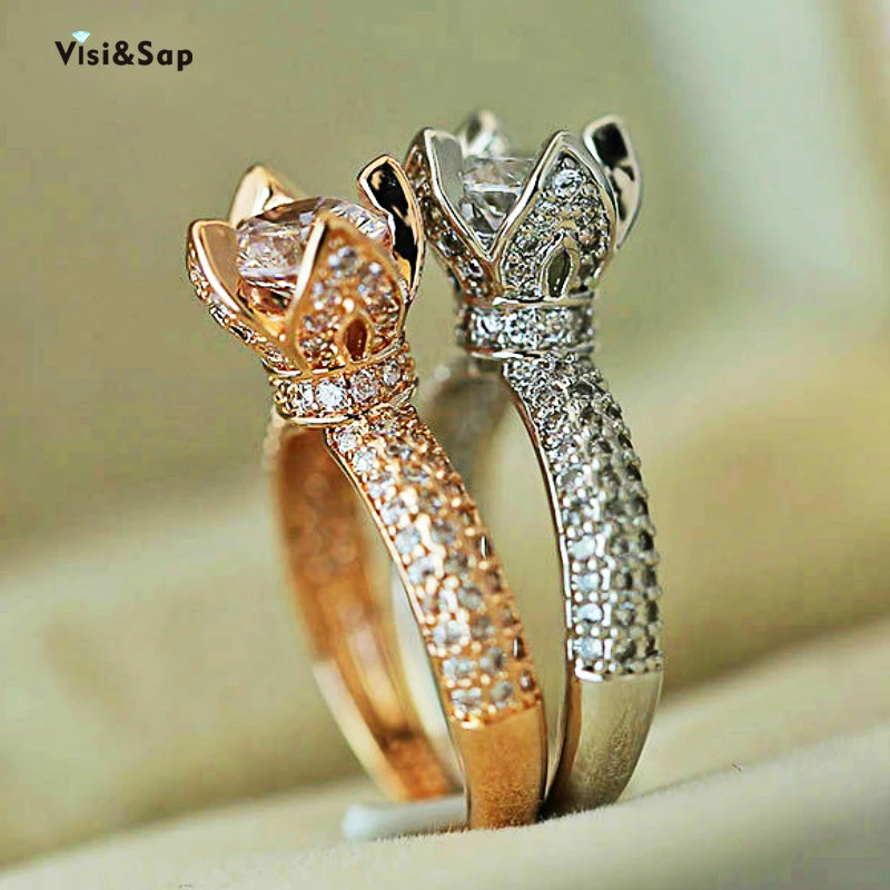 

Женское классическое обручальное кольцо с 4 крапанами Visisap, модное кольцо цвета розового и белого золота с камнем из циркония, Прямая постав...
