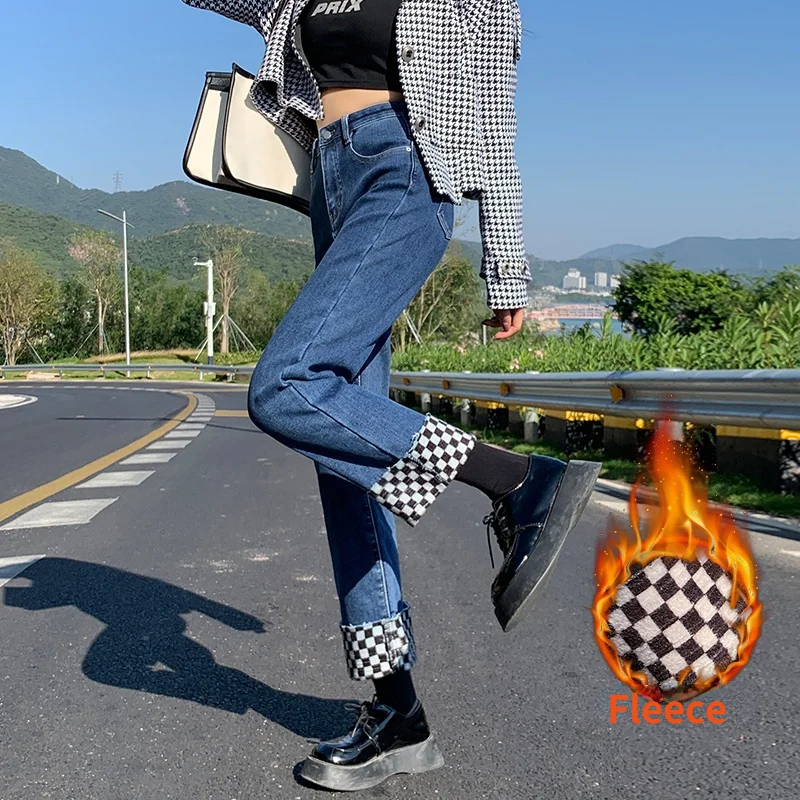 

Roll-up Checkerboard Jeans Women's Winter New Style Fleece Straight-leg Baggy Retro Patchwork Y2k Nine Pants Trend for Woman