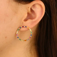 luxury big rainbow crystal cz stone paved hoop earrings with gold silver plated round hooping earring jewelry for wedding gift
