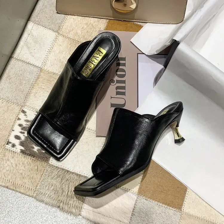 

Fashion Brand Designer Women Slipper Square Toe Outdoor 2021 Summer Sandals Slippers Ladies Elegant High Heel Dress Slides Shoes