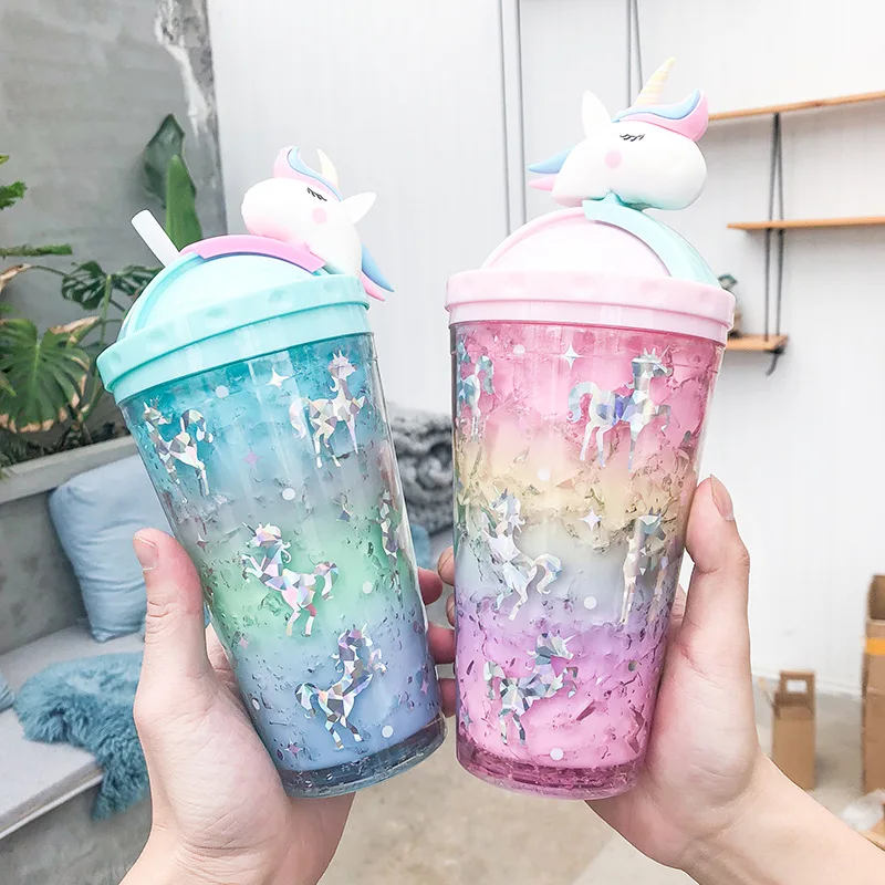

Creative Unicorn Push Cover Ice Cream Cup Water Cup Water bottle For Children Cute Art Fresh Cartoon Double Straw Students Cup