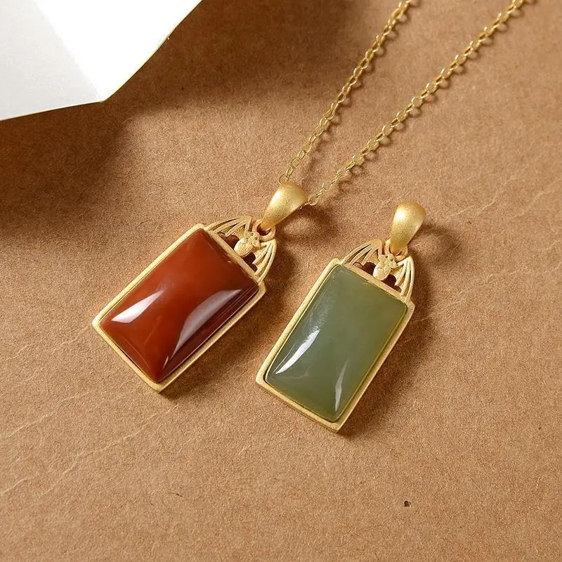 

Original S925 Sterling Silver Gilding Hetian Jade Southern Red Agate Retro Creative All-Match New Ladies' Pendant Pendant