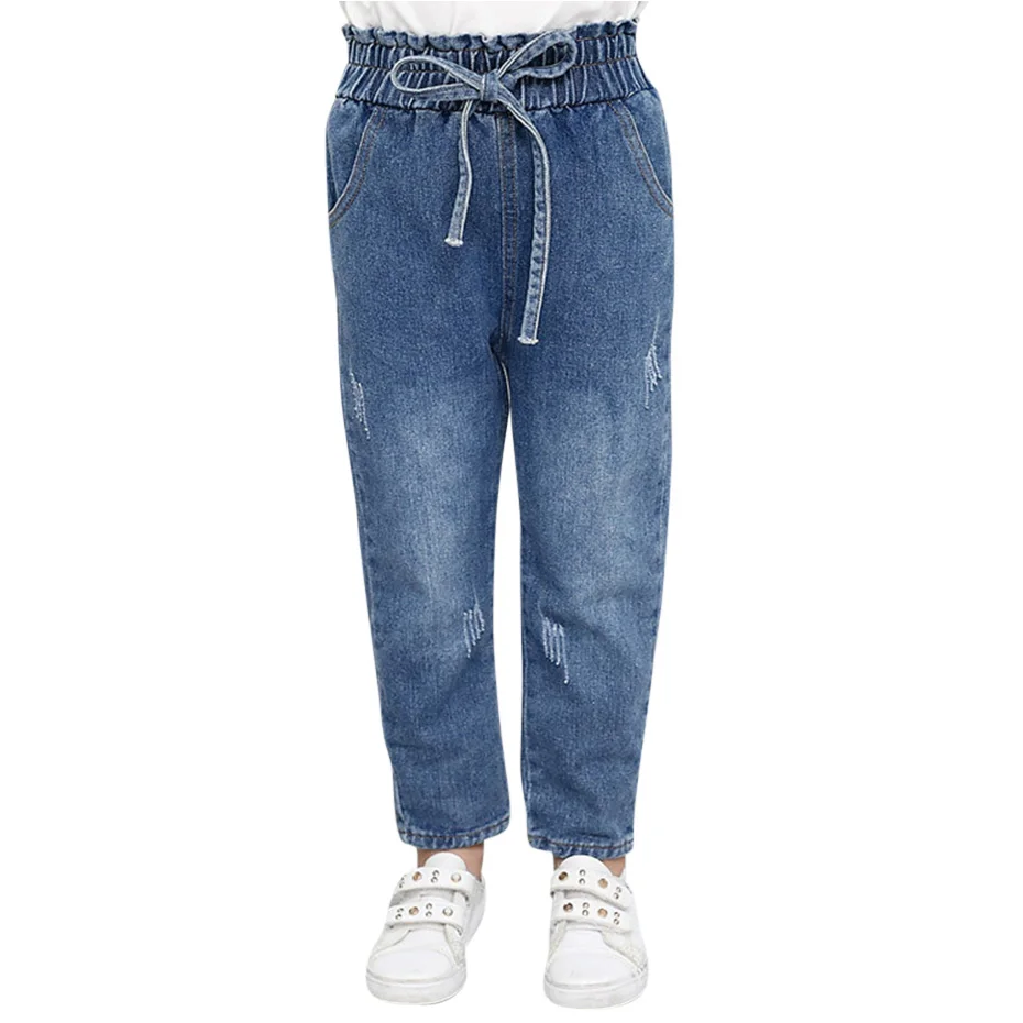 Джинсы для девочек Однотонные детские джинсы с эластичным поясом Детские бантом
