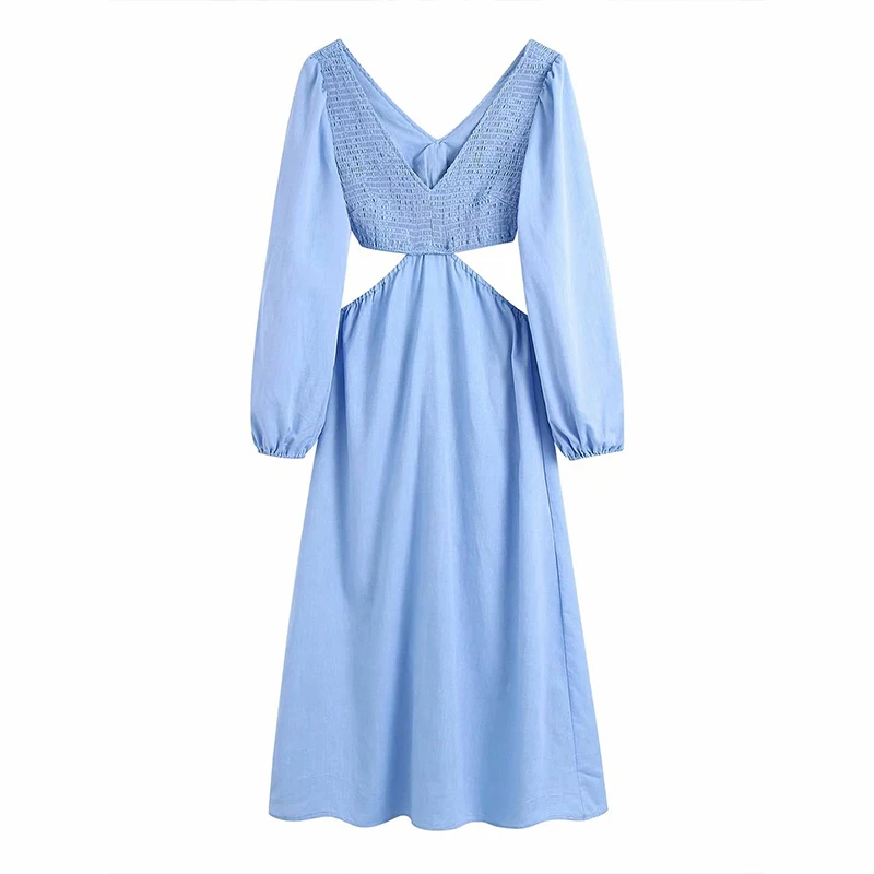 

WXWT Za Women Elastic Decoration Waist Hollow Out Dress Long Sleeve V Neck Female Beach Long Dress CC3373