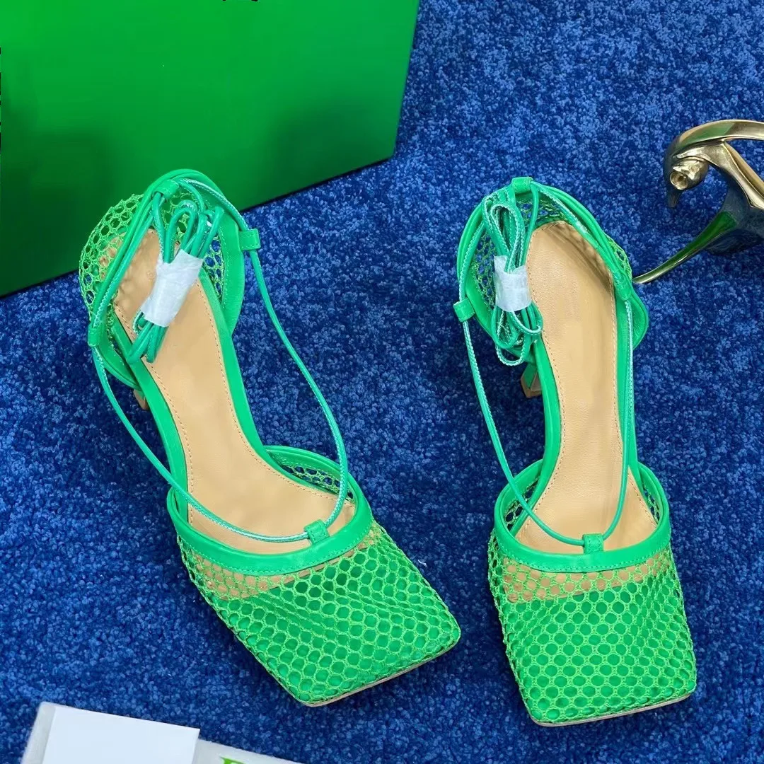 

Luxury brand 2021 fashion designer mesh belt with high-heeled square sandals is a must-have choice for sexy girls in summer