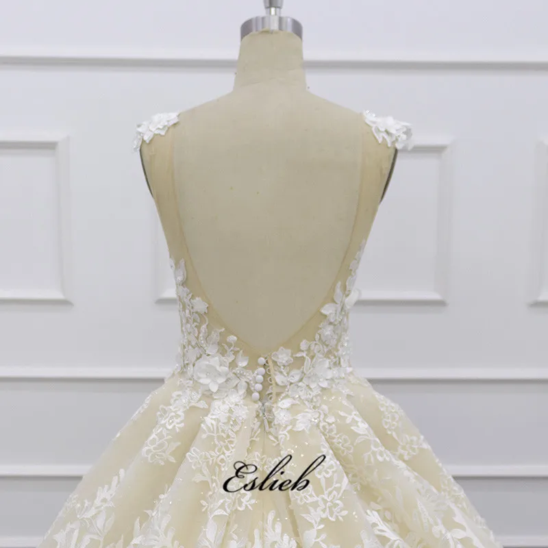 

Eslieb 3d flower crystal lace wedding dresses Nude Tulle Backless wedding dress 2020 Ball Gown Vestido de Noiva Custom made