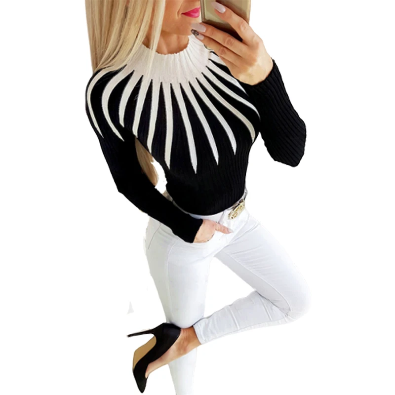 Women Clothing Autumn Winter Turtleneck Color Patchwork Slim Elegant Knitted Pullovers Sweater Office Ladies Casual Tops SJ4999E | Женская