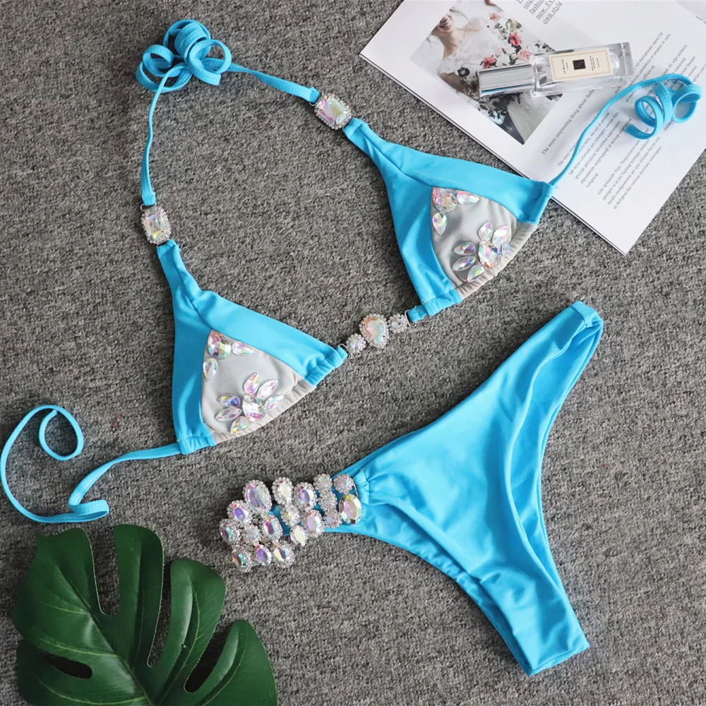 High Quality 2020 NEW Women Beading sexy bikini blue Bodysuits Bandage swim suit Knitted biquini wholesale