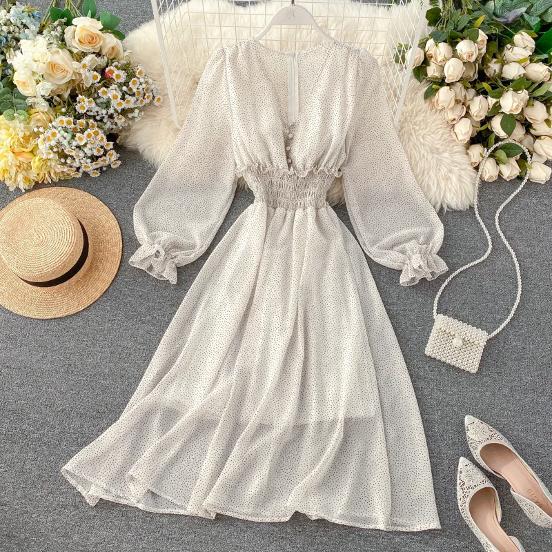 Летнее женское платье в горошек сексуальное с v-образным вырезом и пышными