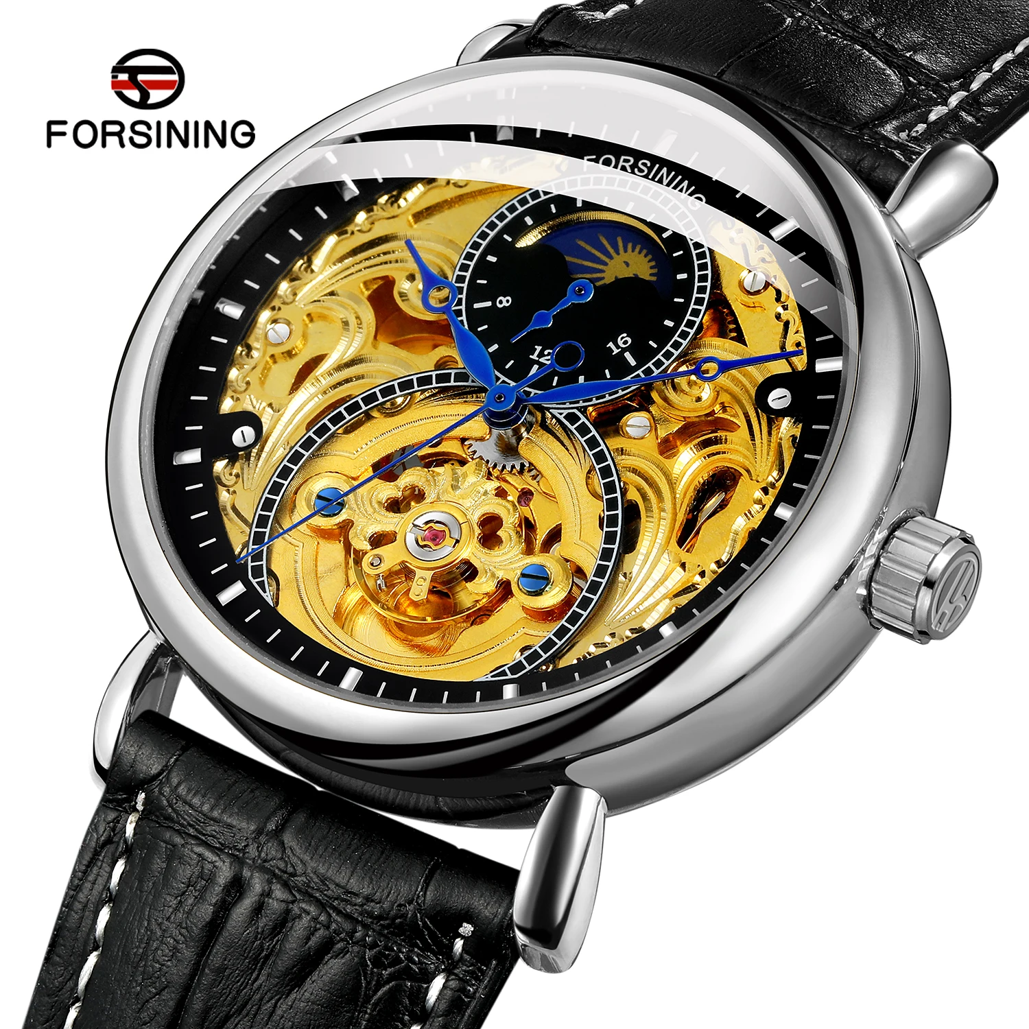 

New Forsining Men Fashion Casual Hollow Moon Phase Automatic Mechanical Watch Luxury Business Leather Man Wristwatches Relogio