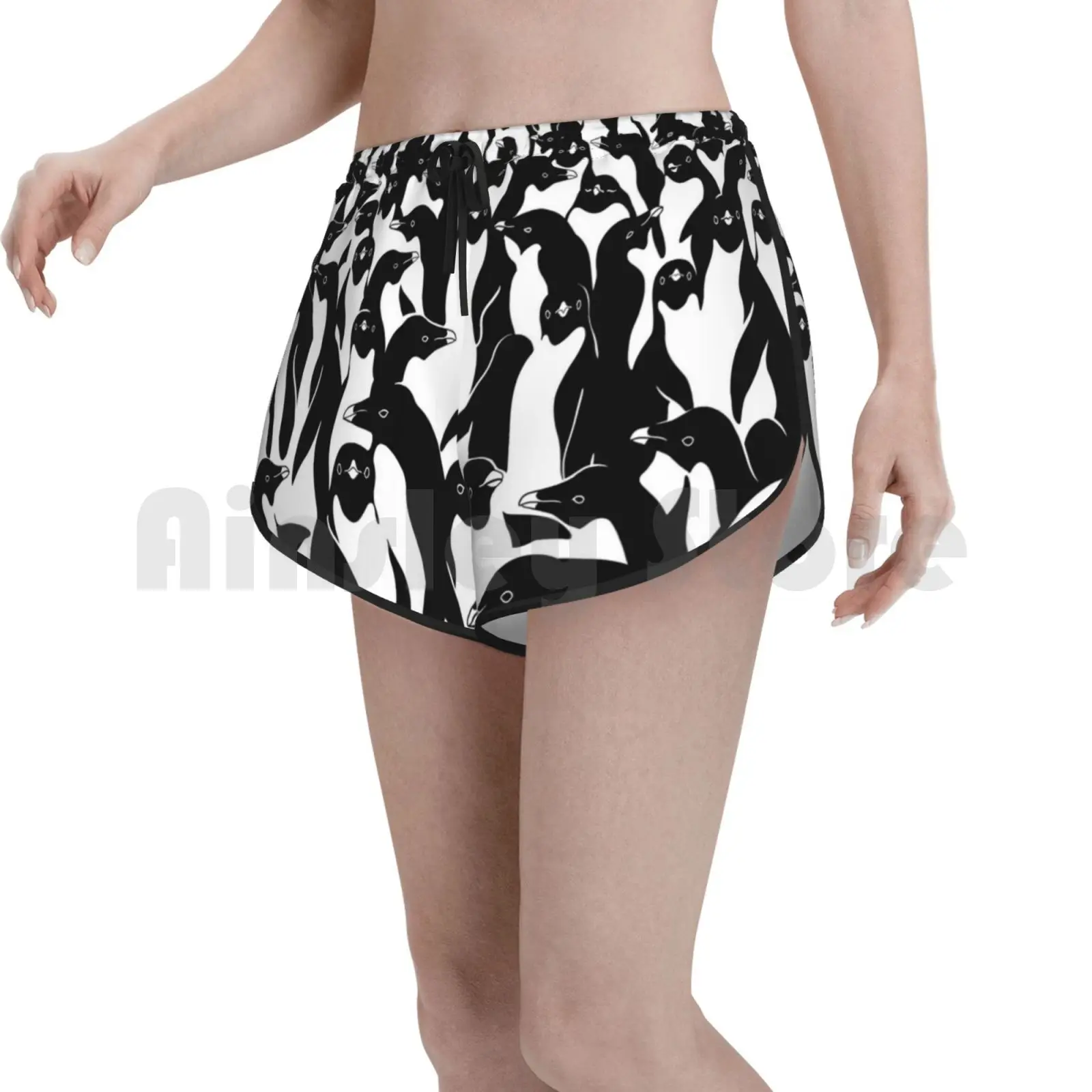

Meanwhile Penguins Swim Shorts Women Beach Shorts Penguin Bw Pattern Camouflage Camo Pattern Bird Adelie Penguin