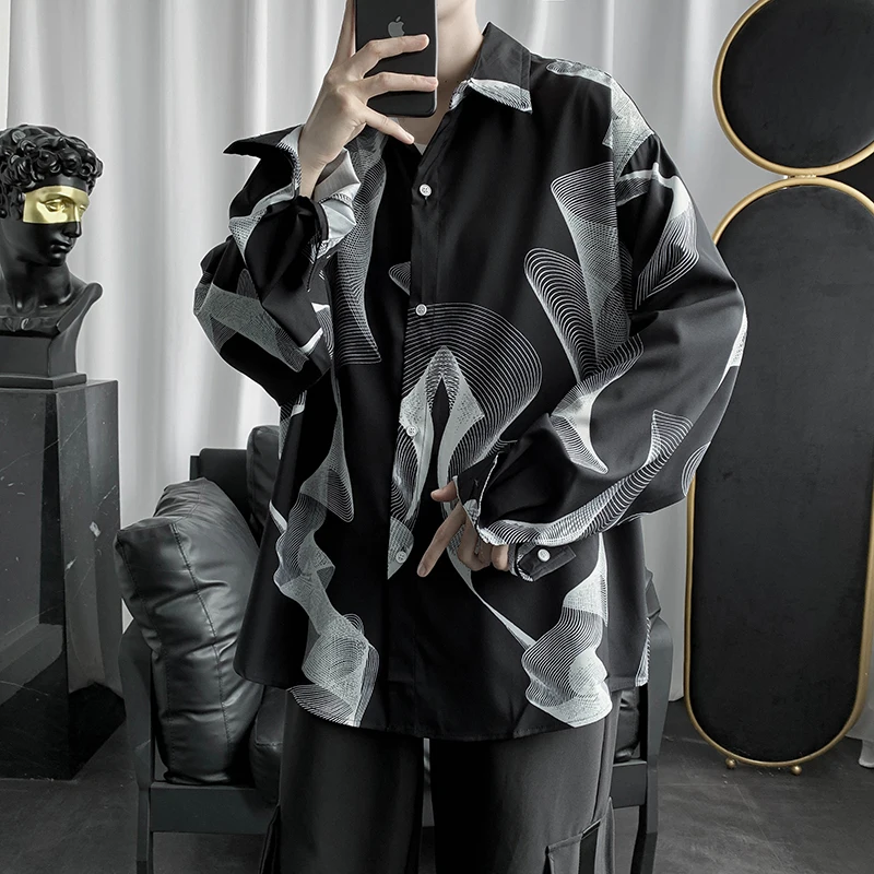 

Men Shirts Long Sleeve Button Printed Turn-down Collar Autumn Male Clothes Handsome Fit Trends Korean Style Fashion Designed Ins