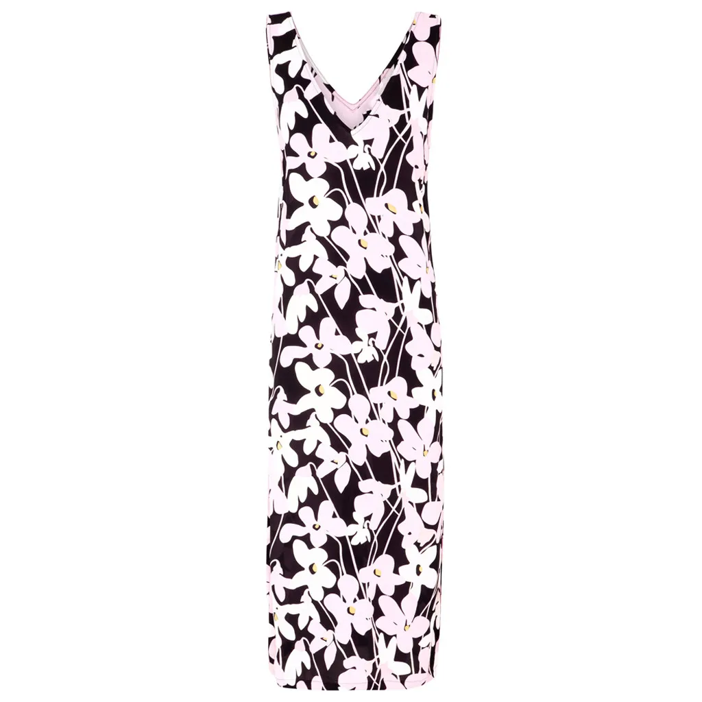 

Women's Summer Fashion Flower Print Split Dress V-neck Long Dress