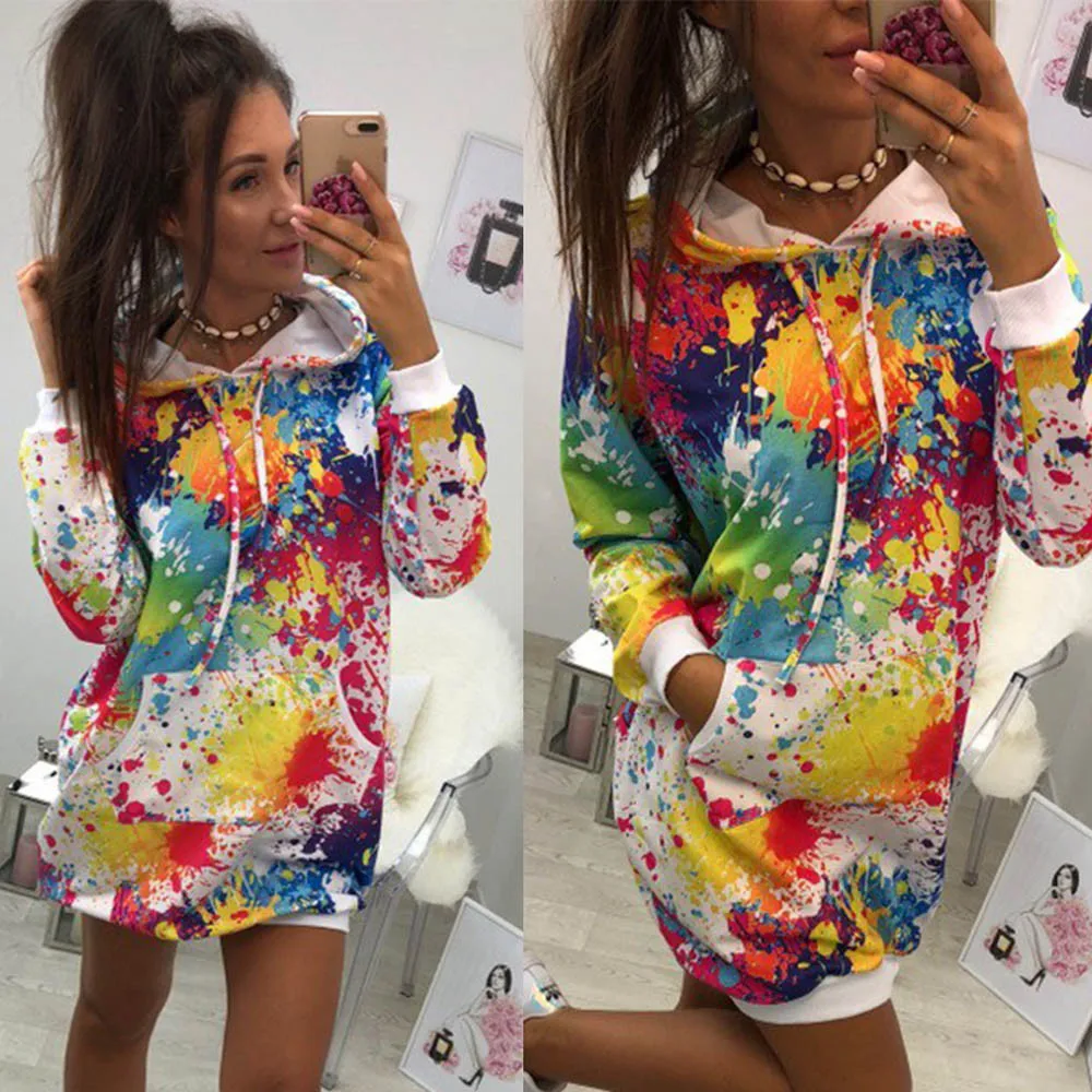 

Fashion Womens Colorful Tie dyeing Print Sweatshirt Hooded Overcoat Tops fleece tie-dye printed pocket hooded coat Elegant Woman