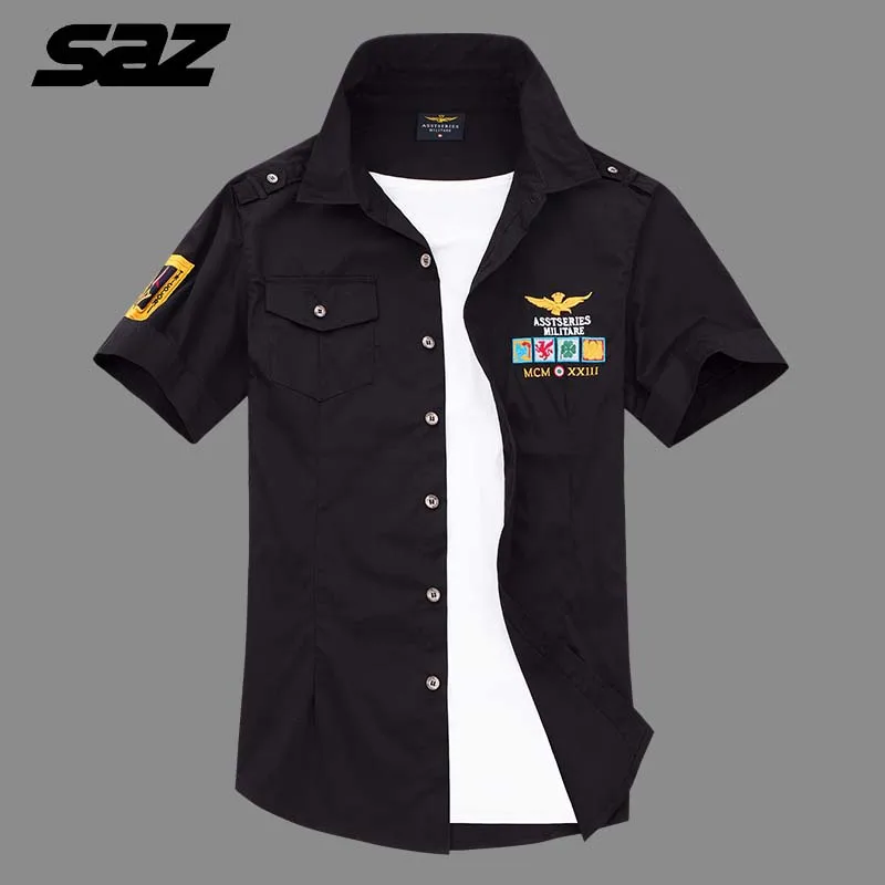 

2021 New summer Men Casual Solid Color Short Sleeve loose Military printing Shirt Work Shirt Blouses 6XL