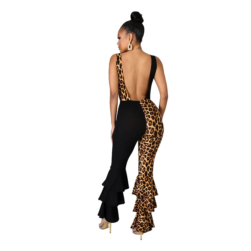 

Leopard Patchwork Casual Bodycon Jumpsuit Women O Neck Sleeveless Flare Long Bodysuit Vintage Ruffles Backless One Piece Overall