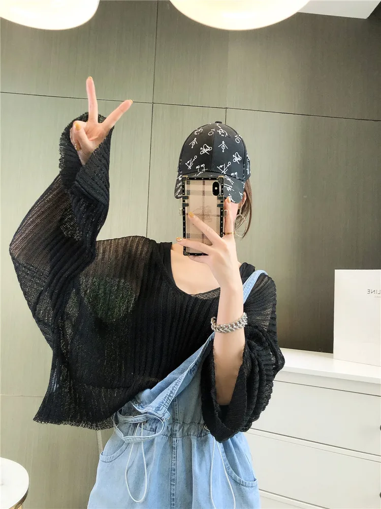 

Lady Thin Long Sleeved Sun Protection T Shirt Women's Pullover Knitting Air Conditioning Shirt Lady Summer White Loose Top