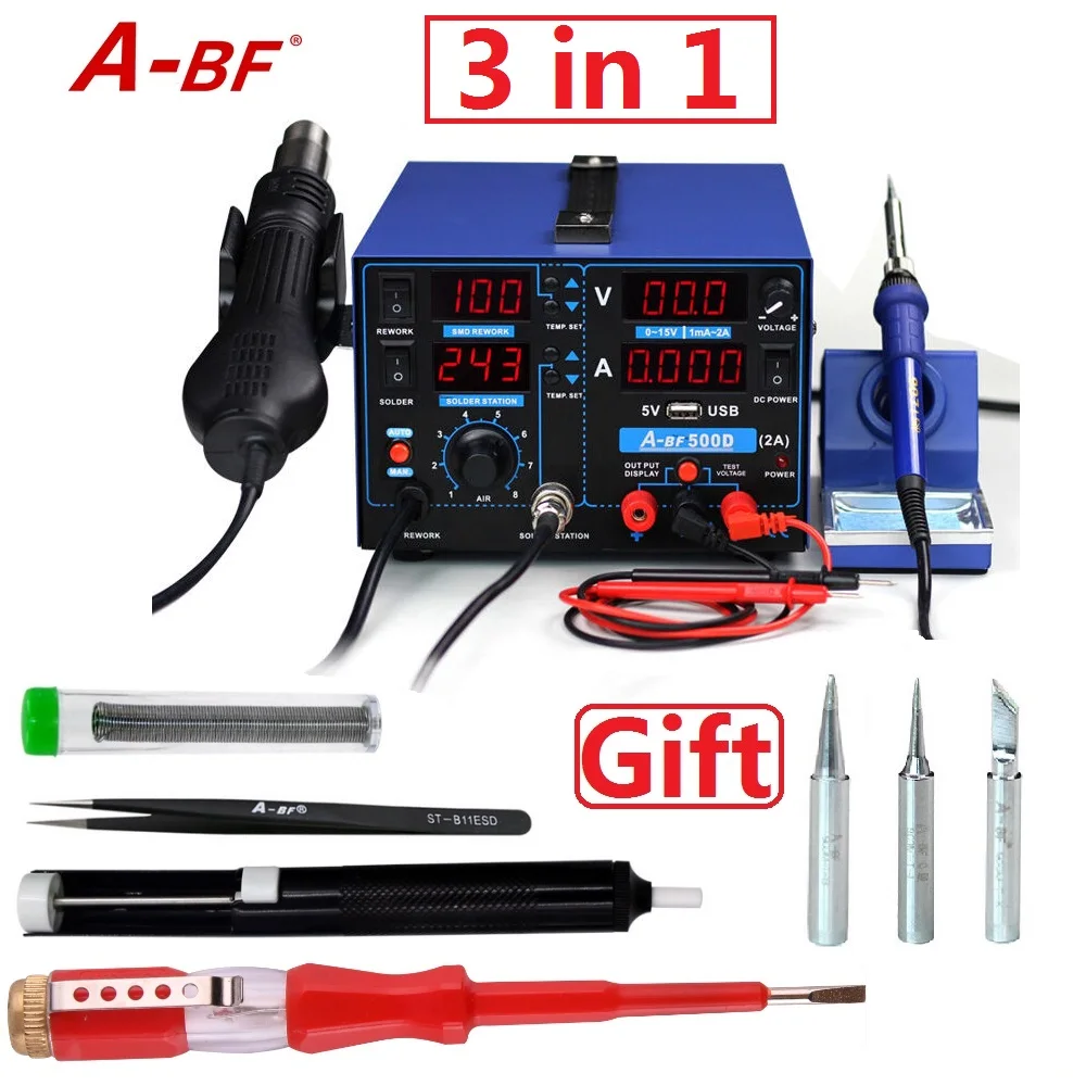 

A-BF 500D Soldering Rework Station Combine soldering iron hot air gun station power supply 3 in 1 for DIY or smart phone repair