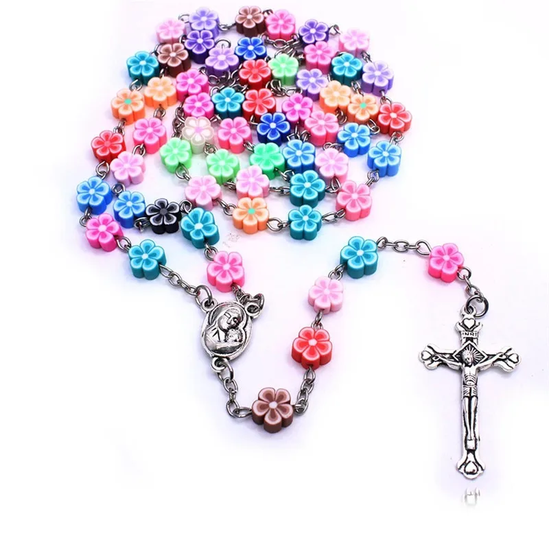 Religious Flower Aryclic Beads Women Polymer Clay Cross Rosary Necklace |
