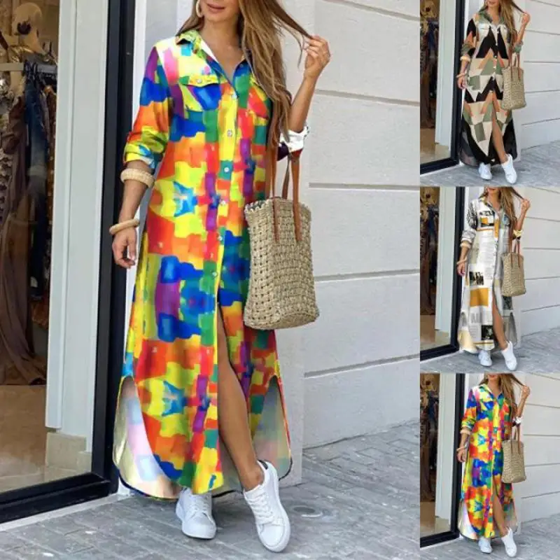 

Fashion Women Long Sleeve Shirt Dress Autumn Printed Long Dresses Laides Turn-Down Collar Loose Sundress Party White Dress Robe