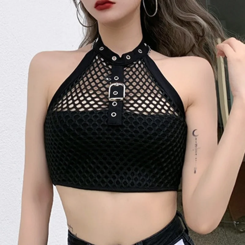 

Crop Top Women Sleeveless Tank Tops Summer Sexy Fishnet Mesh Sleeveless Vest Punk Metal Decoration Strapless Halter Top 2022 new