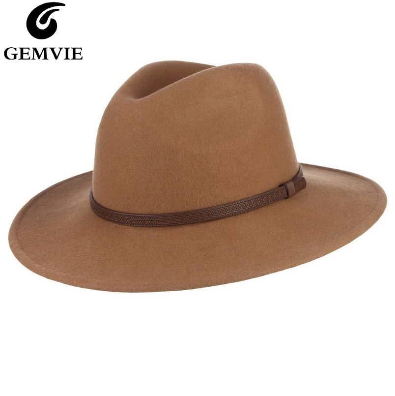 Женская винтажная широкополая шляпа GEMVIE фетровая из 100% шерсти с полями кожаная