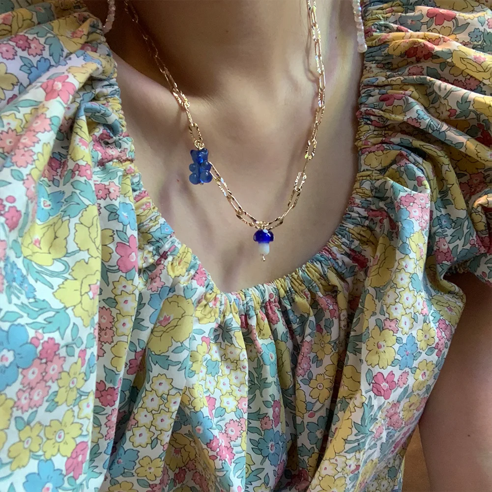 

INS New Transparent Resin Gummy Bear Link Chain Necklace For Women Girls Cute Candy Color Mushroom Choker Necklaces Y2k Jewelry