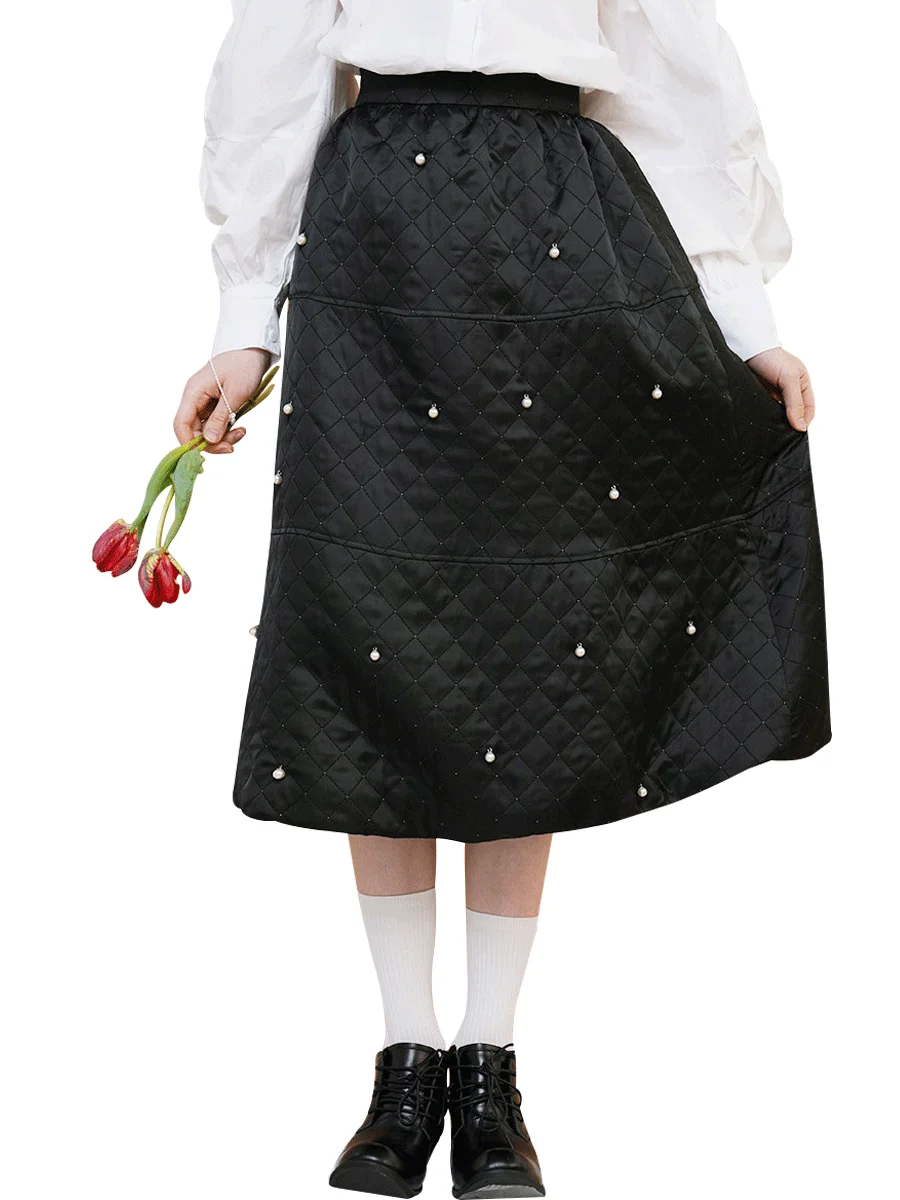 2023 Women High Waist Pearl Embellished Velvet Thick Skirt