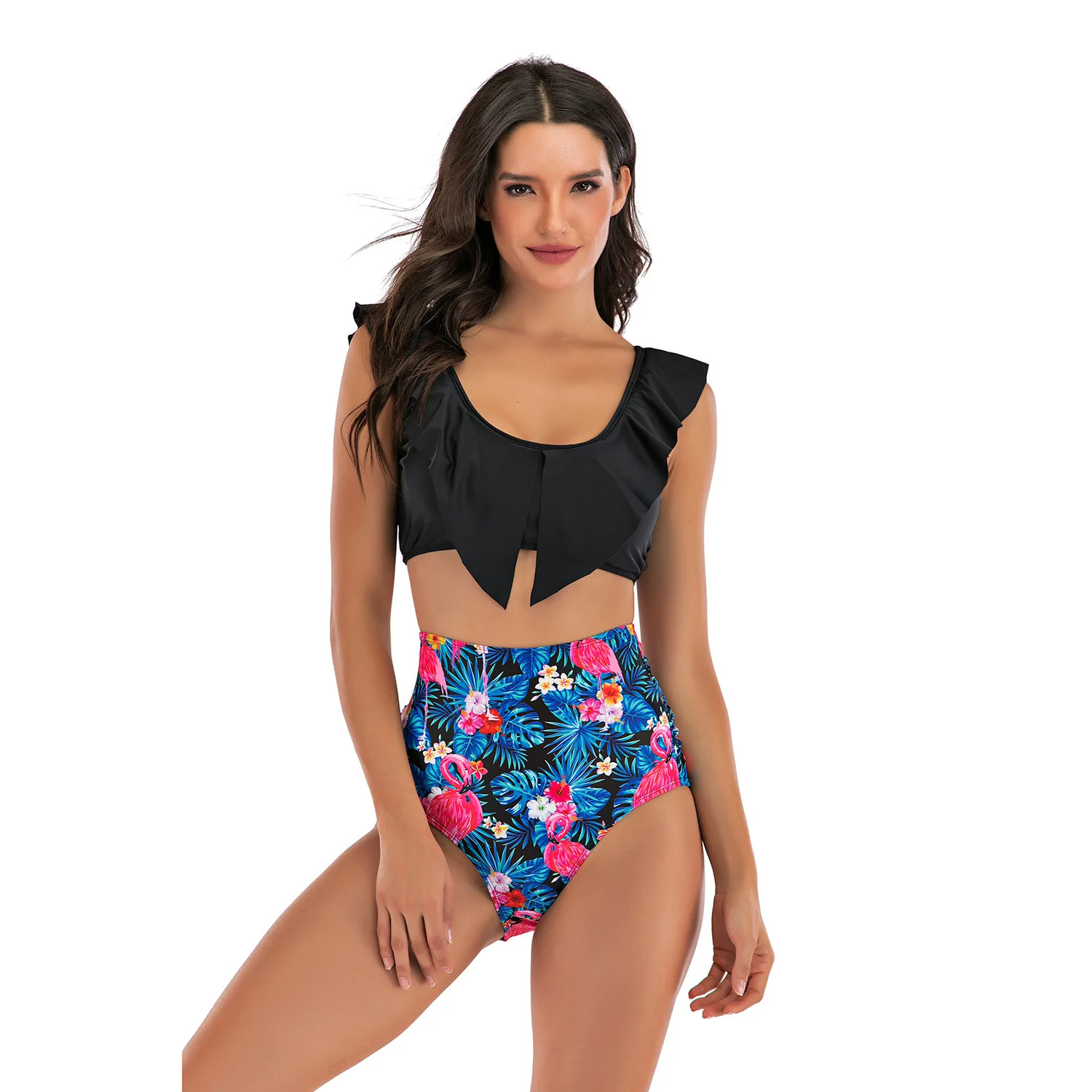 Женский купальный костюм из двух частей монокини с высокой талией и листьями