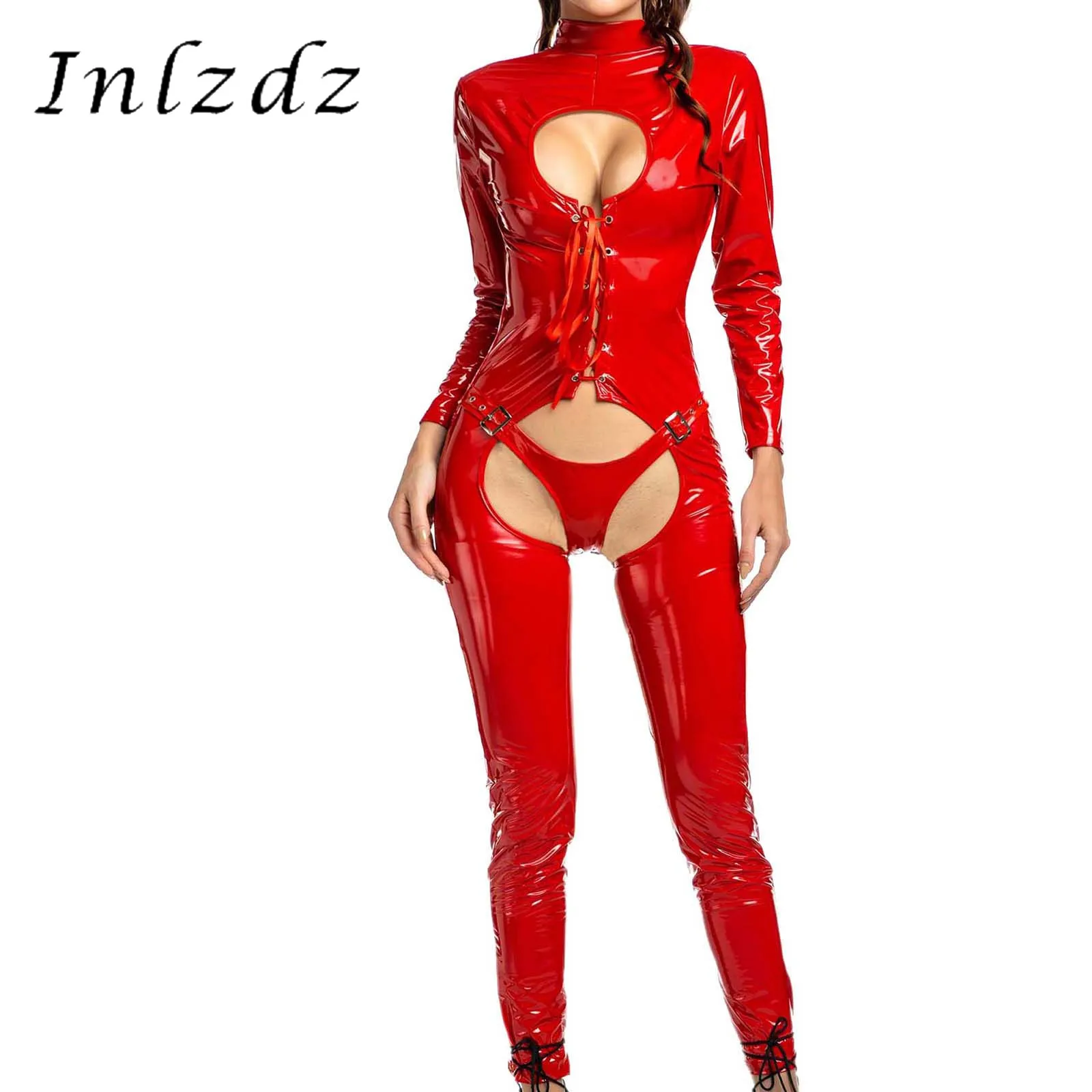 

Женский танцевальный боди Rave Pole, на шнуровке, из лакированной кожи, сексуальный комбинезон с высокой горловиной, открытая попа, без бретелей...