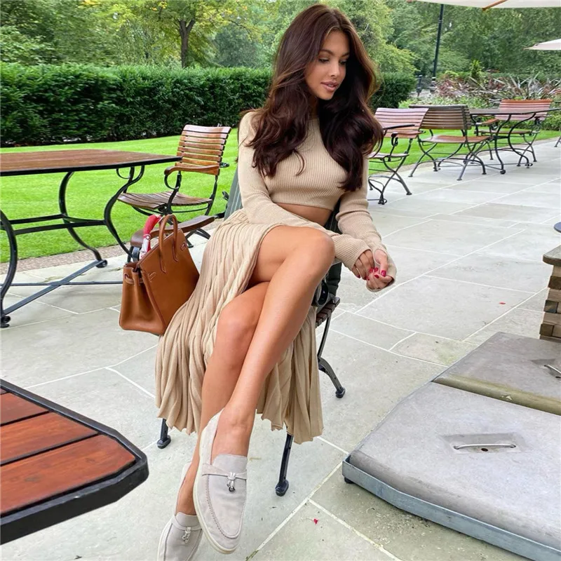

Fashion Women Knitted Pleated Skirt Suit High Slit Sexy Button Long Sleeve Crop Tops Two Piece Outfits Solid Color Chic Pullover