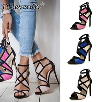 women sandal buckle strap fashion shoes peep toe flock 11cm thin high heels sandalias mujer 2020 women shoes size 35 42 blue