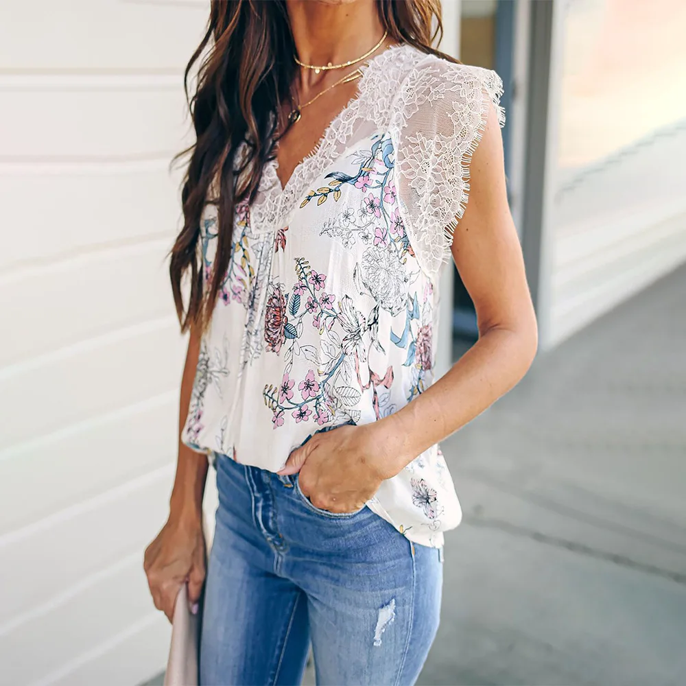 

2020 летние женские футболки с принтом, офисные женские топы без рукавов с V-образным вырезом, женские футболки, Женская Повседневная Сексуальная кружевная ткань