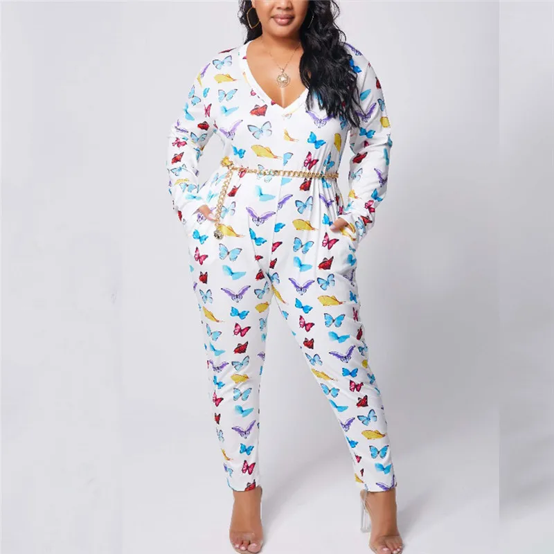 

Women Long Sleeves Jumpsuit Autumn Spring V-neck Plus Size Long Pants Bodysuit Female White Butterfly Print Rompers Loungewear