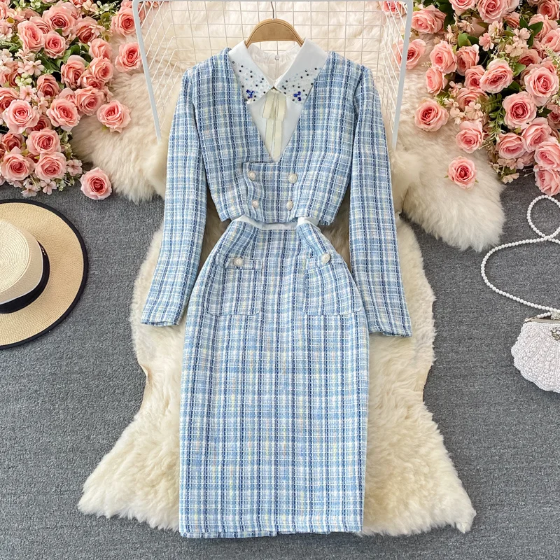 

Vest dress Plaid nail bead Lapel dress fashion suit women's autumn and winter new ol professional Celebrity two-piece set