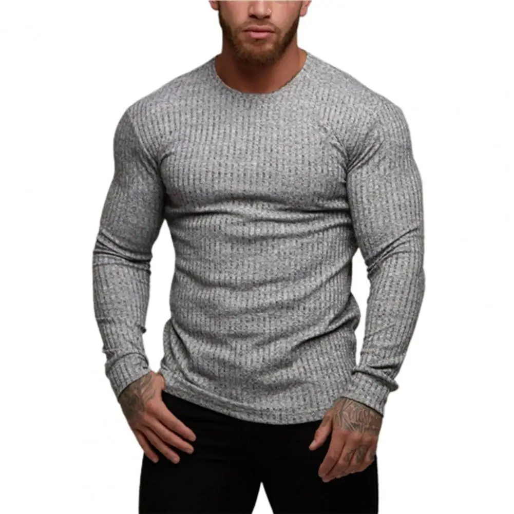 

Men Sports T-shirt Cotton Blend Solid Color Round Neck Spring Autumn Male Slim Base Top