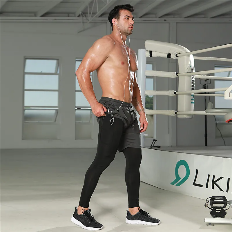 

2022 New Men Elastic Breathable Two Piece Running Training Pants headset hole Gyms Pants Quick-drying Sporting Pants Men's pants